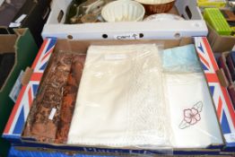 BOX OF TABLE LINEN, CHAIR BACKS ETC