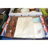 BOX OF TABLE LINEN, CHAIR BACKS ETC