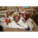 BOX OF VARIOUS PORCELAIN HEADED AND OTHER DOLLS