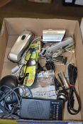 BOX OF VARIOUS ELECTRICAL LEADS, COMPUTER MOUSE, SMALL SONY RADIO ETC