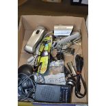 BOX OF VARIOUS ELECTRICAL LEADS, COMPUTER MOUSE, SMALL SONY RADIO ETC