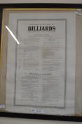 THE RULES OF THE GAME OF BILLIARDS IN EBONISED FRAME, 86CM HIGH