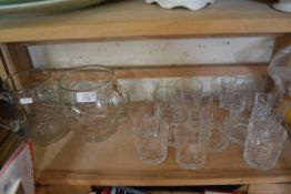 TWO CLEAR GLASS JUGS PLUS VARIOUS CLEAR GLASS TUMBLERS