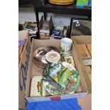 BOX OF MIXED CHINA WARES, COLLECTORS PLATES, TORQUAY WARE ASHTRAYS ETC