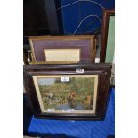 MIXED LOT: FRAMED PRINTS TO INCLUDE HUNTING SCENE, STRATFORD, BOW BRIDGE ETC