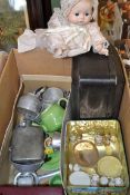 BOX OF MINIATURE TEA WARES AND DOLLS KITCHEN WARES PLUS A PORCELAIN HEADED BABY DOLL