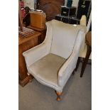 EARLY 20TH CENTURY MUSHROOM UPHOLSTERED WING BACK CHAIR WITH CABRIOLE LEGS, 90CM HIGH