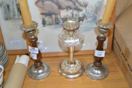 THREE SILVER METAL CANDLESTICKS