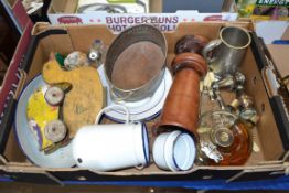 BOX OF MIXED ITEMS TO INCLUDE TURNED WOODEN VASE, VARIOUS FISH CUTLERY, WHEEL ALONG TOY DUCK ETC