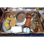 BOX OF MIXED ITEMS TO INCLUDE TURNED WOODEN VASE, VARIOUS FISH CUTLERY, WHEEL ALONG TOY DUCK ETC