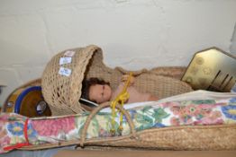 WICKER DOLLS COT CONTAINING DOLL, FABRIC BLIND, SUNDRIES ETC