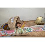 WICKER DOLLS COT CONTAINING DOLL, FABRIC BLIND, SUNDRIES ETC