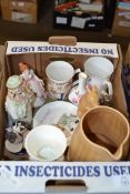 BOX OF MIXED CERAMICS TO INCLUDE SHELLEY MABEL LUCIE ATWELL SAUCER, TORQUAY WARE JUG ETC
