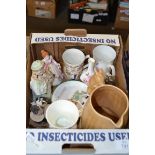 BOX OF MIXED CERAMICS TO INCLUDE SHELLEY MABEL LUCIE ATWELL SAUCER, TORQUAY WARE JUG ETC