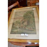 19TH CENTURY COLOURED PRINT "THE VALLEY FARM", FRAMED AND GLAZED, 72CM HIGH