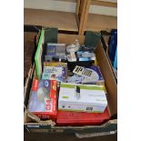 BOX OF VARIOUS CDS, CALCULATOR, RECORDABLE CDS, PHOTO ALBUM ETC