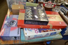 BOX OF MIXED WARES TO INCLUDE A MONOPOLY GAME, CHILDREN'S GAMES, HOME CCTV SYSTEM, SKULL LIGHTS ETC