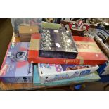 BOX OF MIXED WARES TO INCLUDE A MONOPOLY GAME, CHILDREN'S GAMES, HOME CCTV SYSTEM, SKULL LIGHTS ETC