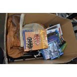 BOX OF MIXED DVDS, GENTS JACKET ETC