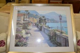 ARTHUR BETRENS COLOURED PRINT, BAY SCENE, FRAMED AND GLAZED, 99CM WIDE