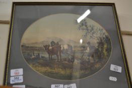 OVAL COLOURED PRINT, PLOUGHING SCENE, FRAMED AND GLAZED, 41CM WIDE