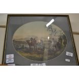 OVAL COLOURED PRINT, PLOUGHING SCENE, FRAMED AND GLAZED, 41CM WIDE