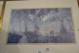 COLOURED PRINT, AUSTRALIAN BUSH SCENE, FRAMED AND GLAZED