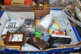 BOX OF MIXED WARES TO INCLUDE ALAN CARR DVD SET, POWER PROTECTED PLUG, SMALL PORTABLE RADIO ETC