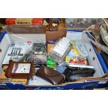 BOX OF MIXED WARES TO INCLUDE ALAN CARR DVD SET, POWER PROTECTED PLUG, SMALL PORTABLE RADIO ETC