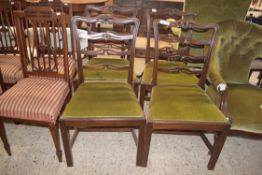 SET OF FOUR 19TH CENTURY MAHOGANY FRAMED BAR BACK DINING CHAIRS WITH GREEN PUSH OUT SEATS