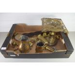 BOX OF MIXED BRASS WARES TO INCLUDE KETTLE STAND, FIRE TOOLS, HORSE BRASSES, CANDLESTICK ETC