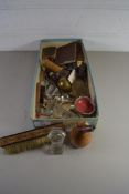 BOX OF MIXED ITEMS TO INCLUDE DRESSING TABLE BRUSH, GLASS KNIFE STAND, SMALL ASHTRAY, MINIATURE