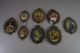 COLLECTION OF EIGHT 20TH CENTURY PRINTS ON FABRIC SET IN PIERCED BRASS FRAMES