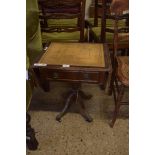 REPRODUCTION LEATHER TOPPED DROP LEAF TABLE ON TURNED COLUMN AND QUATRE BASE, 46CM WIDE