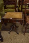 REPRODUCTION LEATHER TOPPED DROP LEAF TABLE ON TURNED COLUMN AND QUATRE BASE, 46CM WIDE