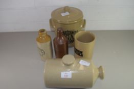 STONEWARE HOT WATER BOTTLE, TWO GINGER BEER BOTTLES AND FURTHER KITCHEN JARS