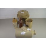 STONEWARE HOT WATER BOTTLE, TWO GINGER BEER BOTTLES AND FURTHER KITCHEN JARS