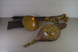 SET OF THREE BRASS AND STEEL FIRE TOOLS, TOGETHER WITH A BRASS CREAM SKIMMER