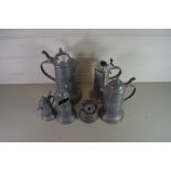 GRADUATED SET OF FOUR PEWTER JUGS PLUS A FURTHER ALUMINIUM JUG AND A PEWTER INKWELL (6)