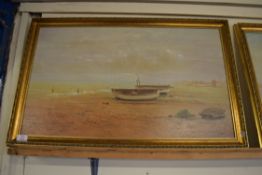 JOHN G MACE, ALDBOROUGH BEACH, SUFFOLK, OIL ON BOARD, GILT FRAMED, 28CM WIDE