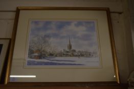 JOHN A POOLE, STUDY OF CATHEDRAL IN WINTER, GILT FRAMED AND GLAZED, 60CM WIDE