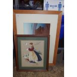 NEEDLEWORK PICTURE OF A YOUNG LADY WITH POULTRY, TOGETHER WITH A COLOURED PHOTOGRAPH OF A BEACH