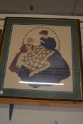 LARGE NEEDLEWORK PICTURE OF LADIES STITCHING A BLANKET, FRAMED AND GLAZED, 59CM HIGH