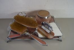 EARLY 20TH CENTURY CHROME AND PINK GLASS DRESSING TABLE SET WITH ACCOMPANYING TRAY PLUS A FURTHER