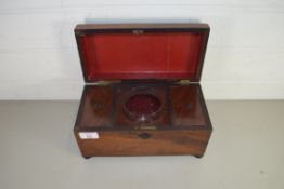 19TH CENTURY MAHOGANY SARCOPHAGUS FORMED TEA CADDY WITH FITTED INTERIOR