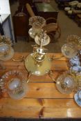 20TH CENTURY FIVE LIGHT CENTRE CEILING LIGHT FITTING WITH GILT METAL FRAME AND FRILLED GLASS SHADES