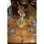 20TH CENTURY FIVE LIGHT CENTRE CEILING LIGHT FITTING WITH GILT METAL FRAME AND FRILLED GLASS SHADES