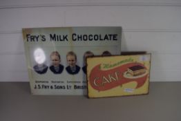 TWO REPRODUCTION ADVERTISING SIGNS - FRYS MILK CHOCOLATE AND HOME-MADE CAKE