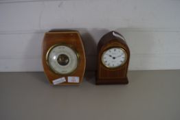 20TH CENTURY ANEROID BAROMETER TOGETHER WITH A SMALL RAPPORT MAHOGANY CASED MANTEL CLOCK WITH QUARTZ