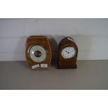 20TH CENTURY ANEROID BAROMETER TOGETHER WITH A SMALL RAPPORT MAHOGANY CASED MANTEL CLOCK WITH QUARTZ